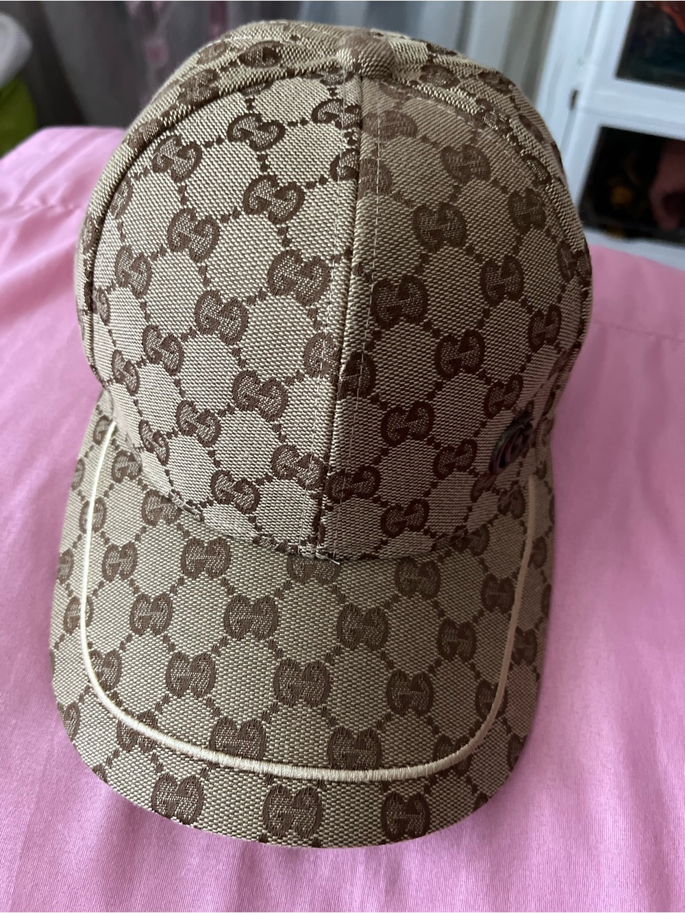 Gucci Brown Beige GG Canvas Baseball Cap with Piping